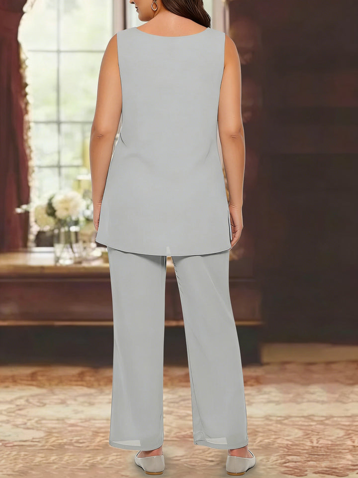 Ensemble pantalon 3 pièces mère de la mariée taille plus mousseline sequins col rond, veste, manches longues, longueur cheville