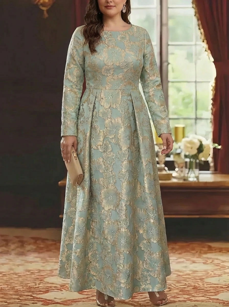Robe mère de la mariée, taille plus, coupe A/ princesse, col rond, jacquard, manches 3/4, longueur cheville, fleuri