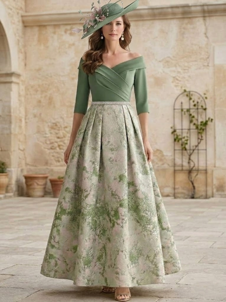 Robe mère de la mariée satin ligne A, manches tombantes, manches 3/4, longueur cheville, imprimé floral et ceinture