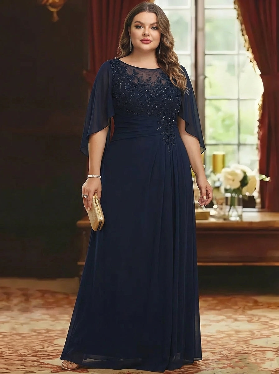 Robe mère de la mariée taille plus ligne A, mousseline col rond, dentelle, manches mi-longues, longueur sol