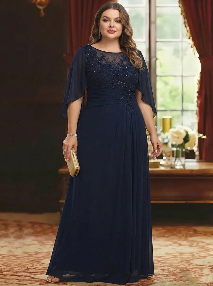 Robe mère de la mariée taille plus ligne A, mousseline col rond, dentelle, manches mi-longues, longueur sol