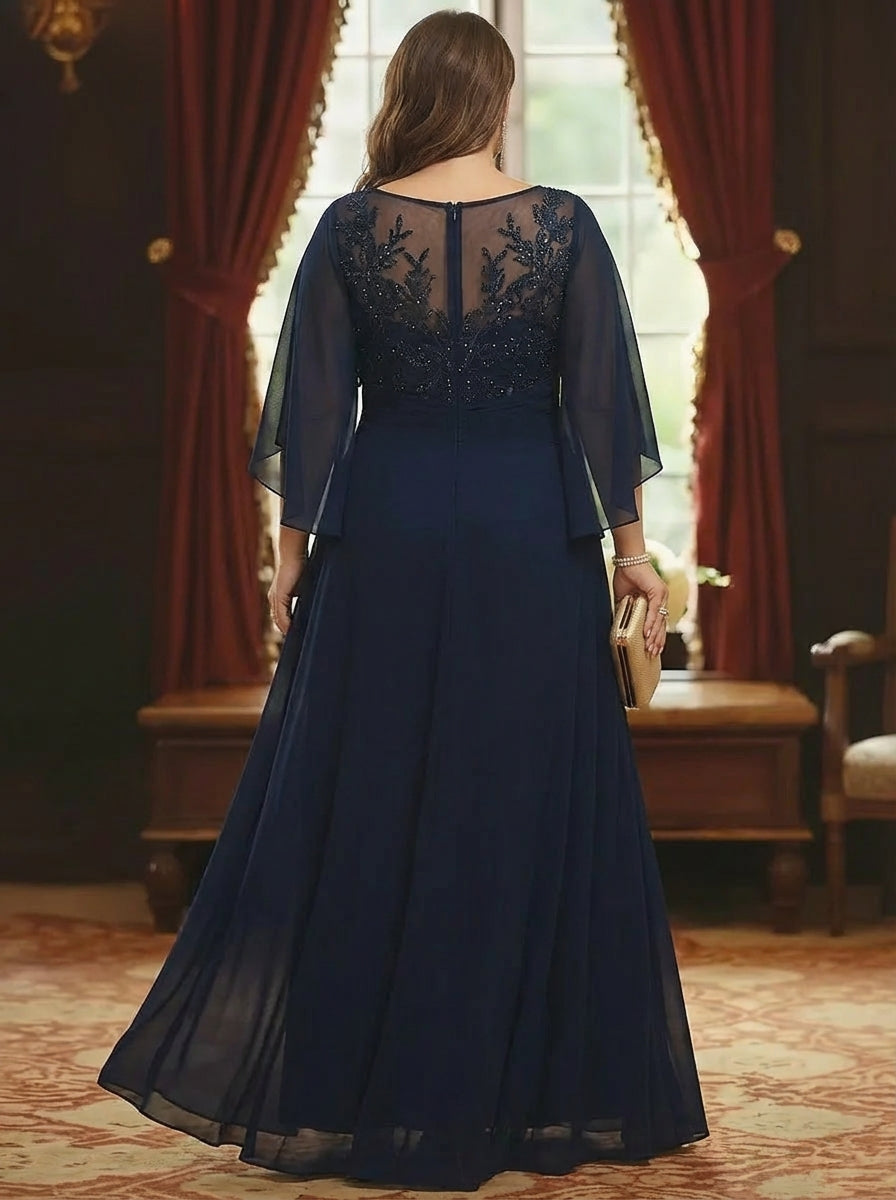 Robe mère de la mariée taille plus ligne A, mousseline col rond, dentelle, manches mi-longues, longueur sol