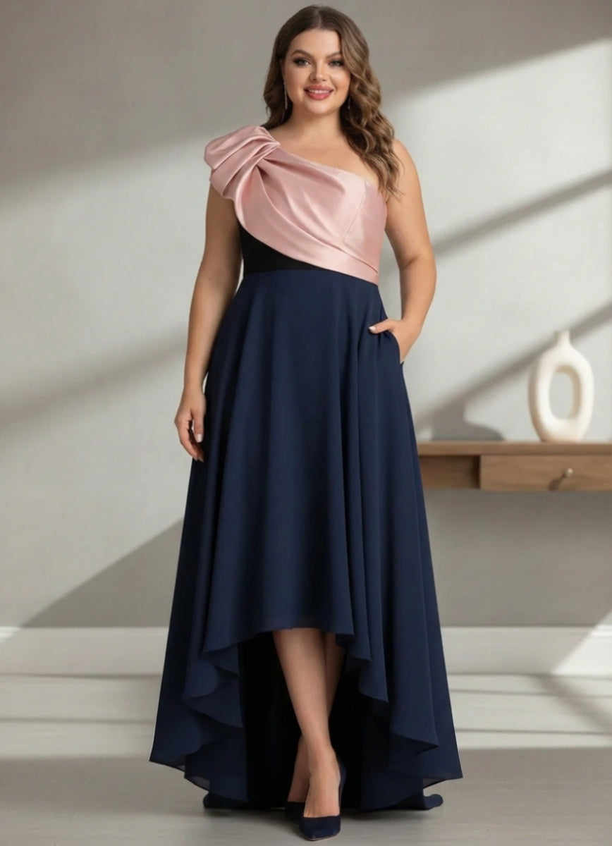 Robe mère de la mariée taille plus ligne A, satin stretch une épaule, sans manches, asymétrique, longueur sol