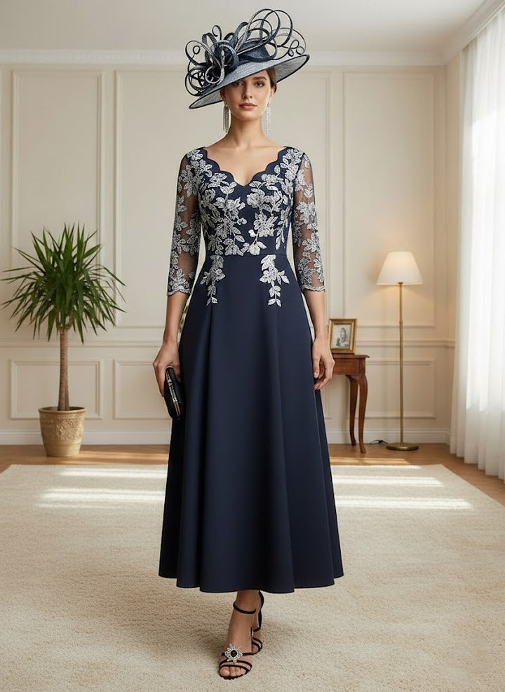 Robe mère de la mariée taille plus ligne A, satin stretch col V, dentelle, manches 3/4, longueur midi