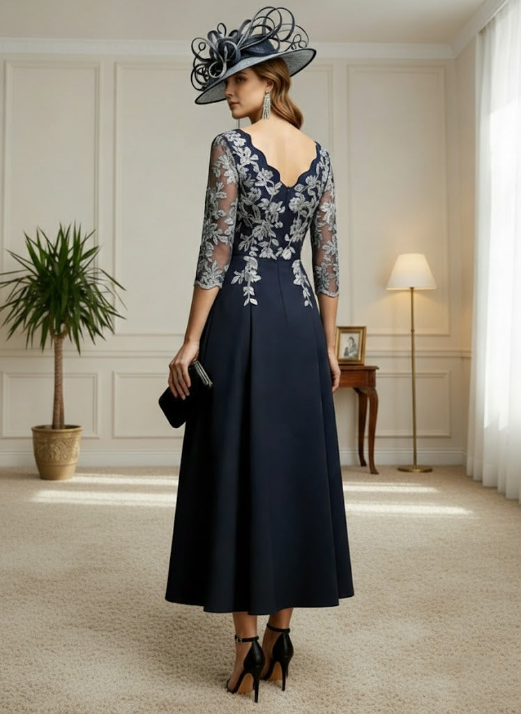 Robe mère de la mariée taille plus ligne A, satin stretch col V, dentelle, manches 3/4, longueur midi