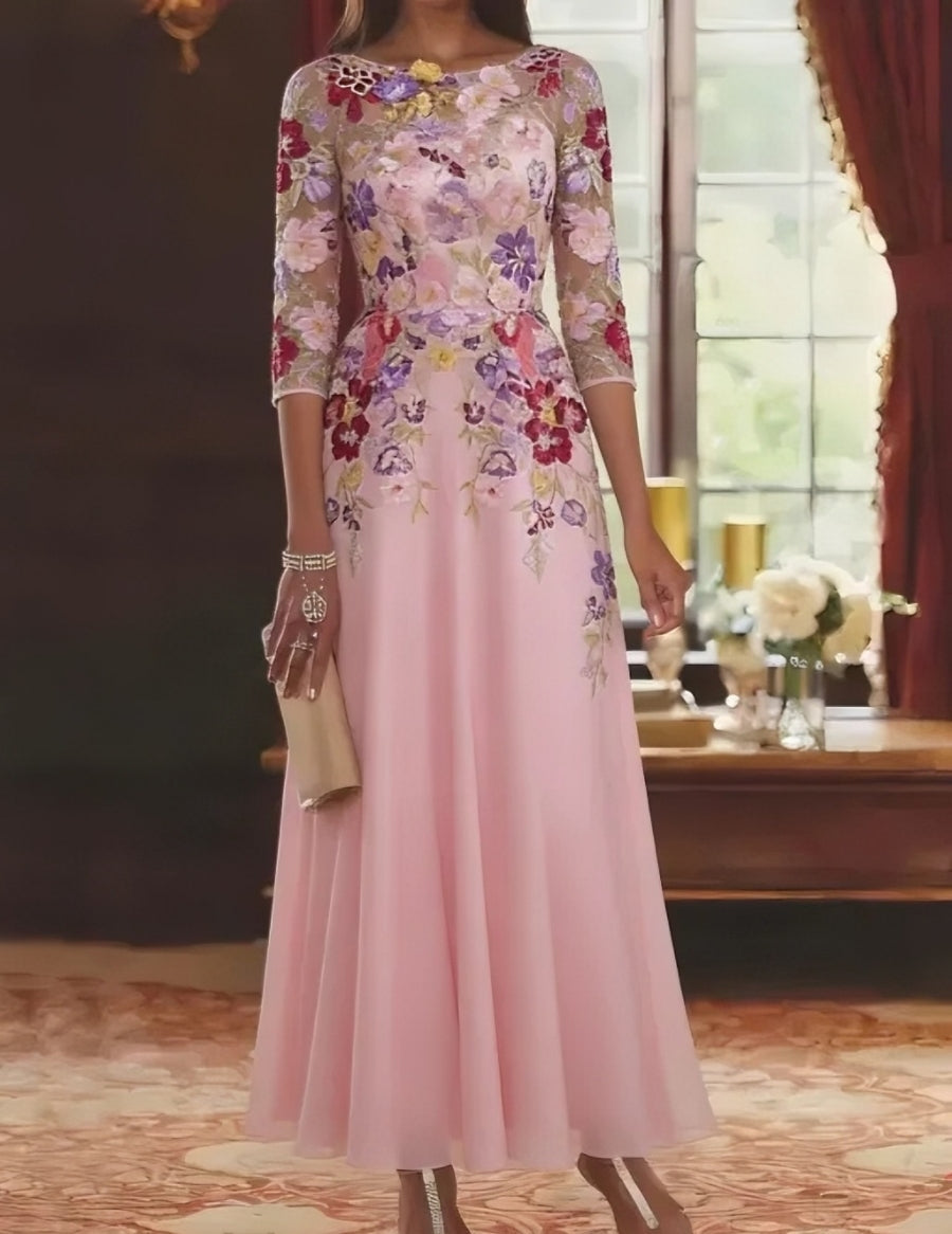 Robe mère de la mariée mousseline ligne A, col rond, manches mi-longues, longueur cheville, dentelle et motifs floraux