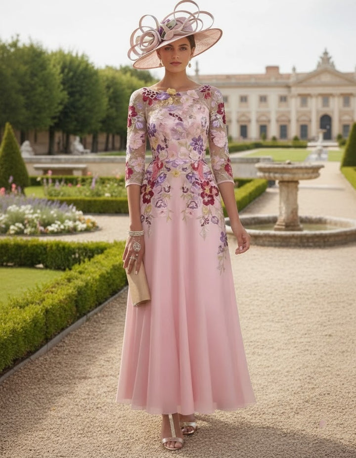 Robe mère de la mariée mousseline ligne A, col rond, manches mi-longues, longueur cheville, dentelle et motifs floraux