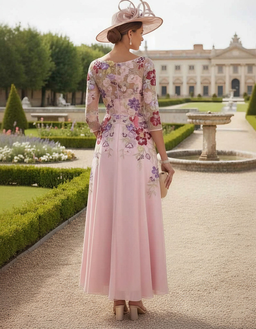 Robe mère de la mariée mousseline ligne A, col rond, manches mi-longues, longueur cheville, dentelle et motifs floraux