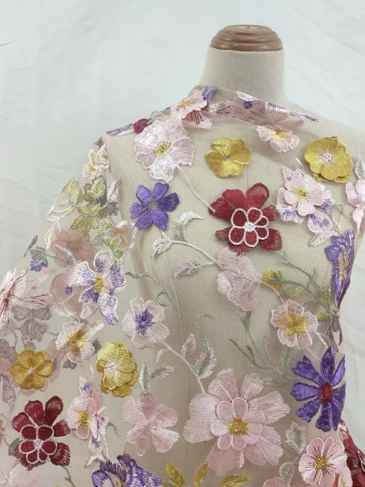 Robe mère de la mariée mousseline ligne A, col rond, manches mi-longues, longueur cheville, dentelle et motifs floraux