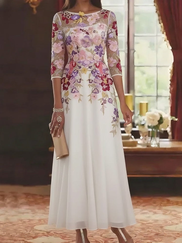 Robe mère de la mariée mousseline ligne A, col rond, manches mi-longues, longueur cheville, dentelle et motifs floraux
