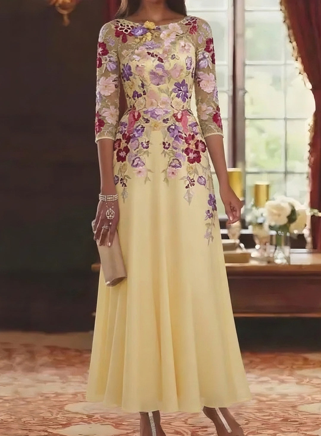 Robe mère de la mariée mousseline ligne A, col rond, manches mi-longues, longueur cheville, dentelle et motifs floraux