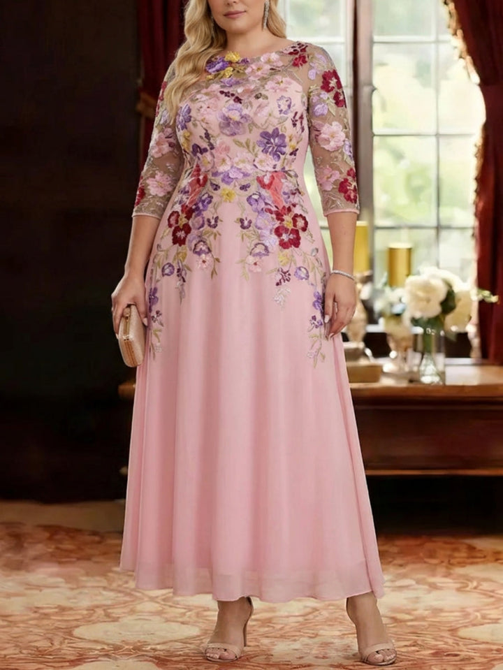 Robe mère de la mariée taille plus ligne A, mousseline col rond, dentelle florale, manches mi-longues, longueur cheville