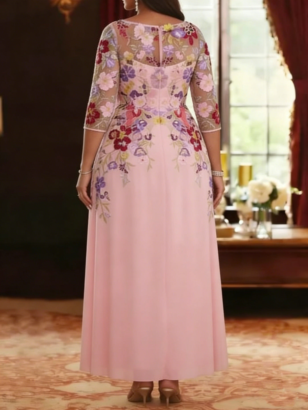 Robe mère de la mariée taille plus ligne A, mousseline col rond, dentelle florale, manches mi-longues, longueur cheville