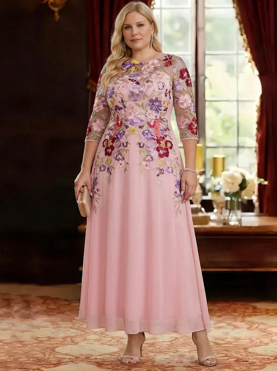 Robe mère de la mariée taille plus ligne A, mousseline col rond, dentelle florale, manches mi-longues, longueur cheville