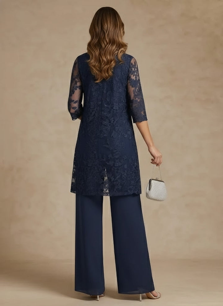 Ensemble pantalon 3 pièces mère de la mariée mousseline, col rond, manches 3/4, longueur cheville, dentelle avec veste