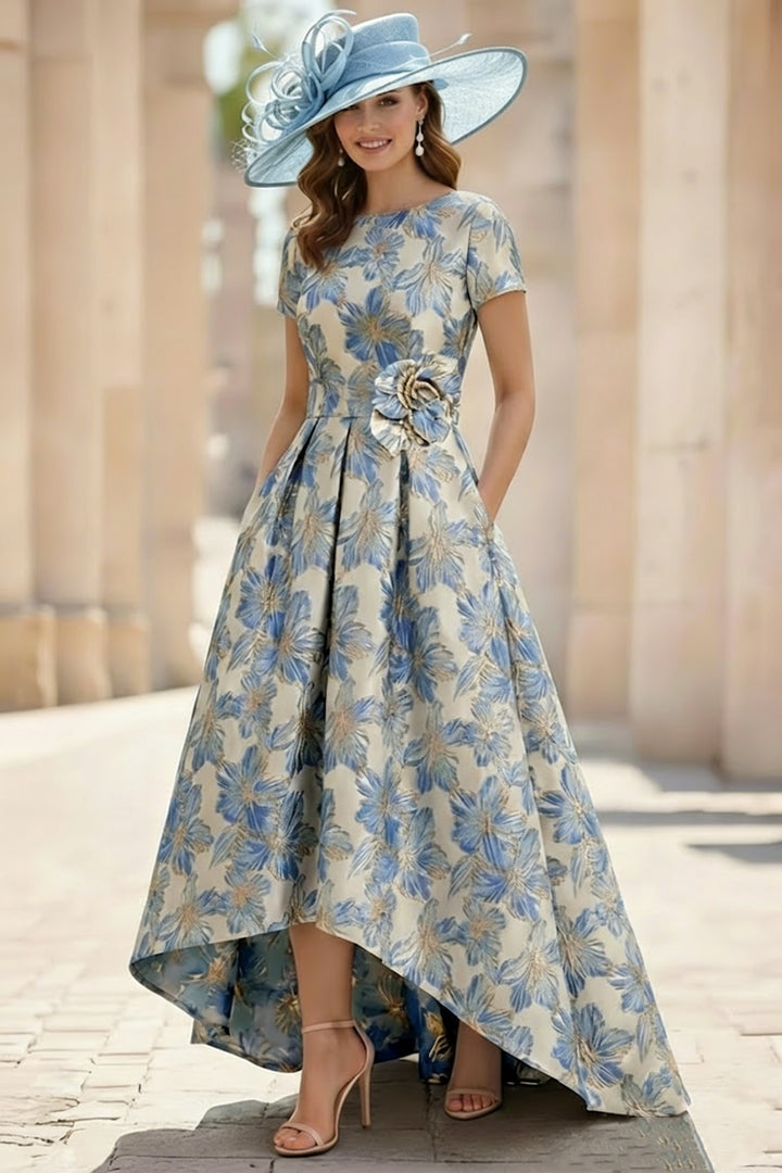 Robe mère de la mariée satin imprimé ligne A, col rond, manches courtes, longueur cheville asymétrique, motifs floraux, fleurs 3D et poches