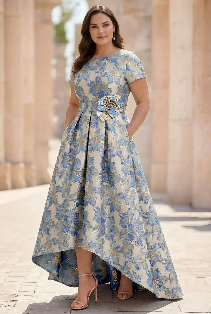 Robe mère de la mariée taille plus ligne A, satin imprimé col rond, manches courtes, floral, asymétrique, longueur cheville, fleurs 3D, poches