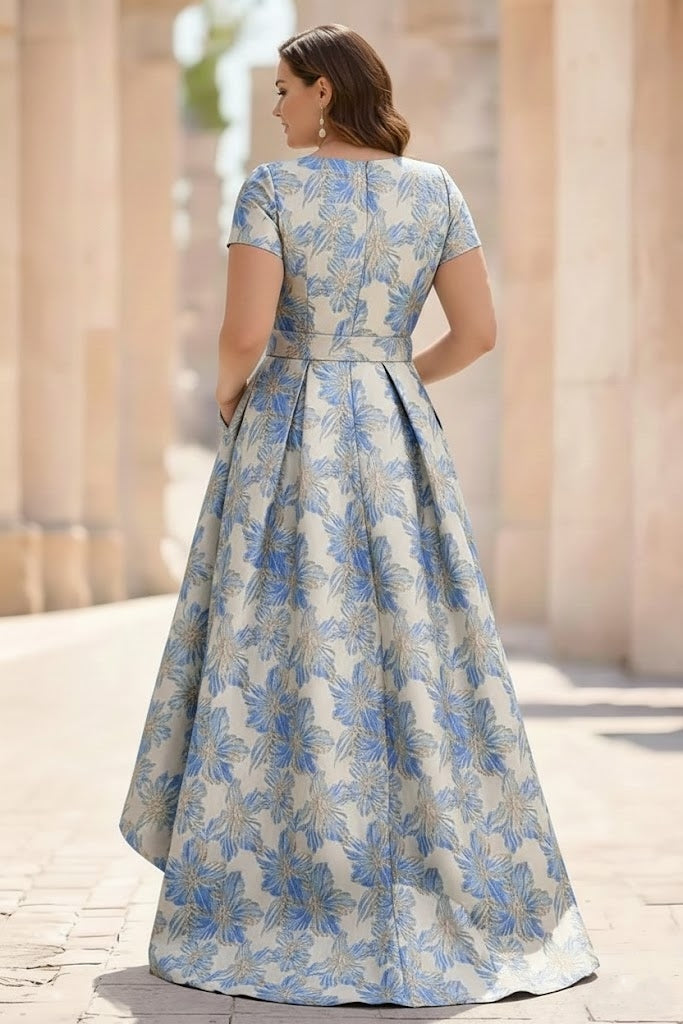 Robe mère de la mariée taille plus ligne A, satin imprimé col rond, manches courtes, floral, asymétrique, longueur cheville, fleurs 3D, poches