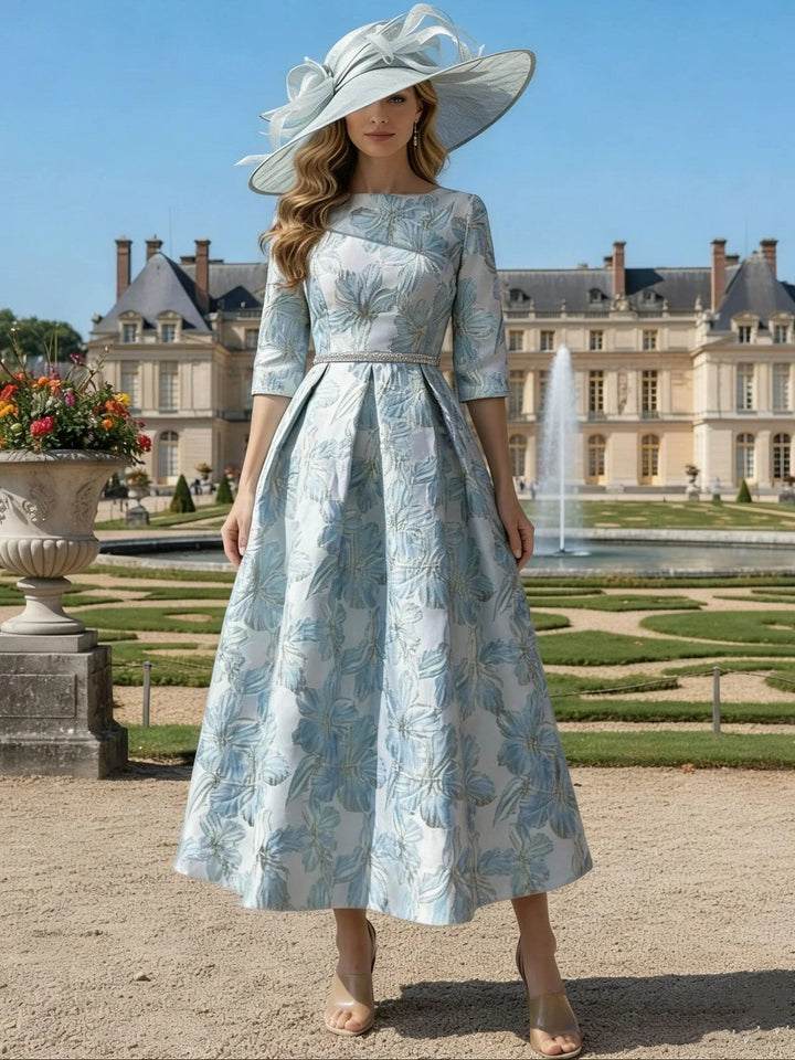 Robe mère de la mariée satin imprimé ligne A, col rond, manches mi-longues, longueur midi, motifs floraux et ceinture