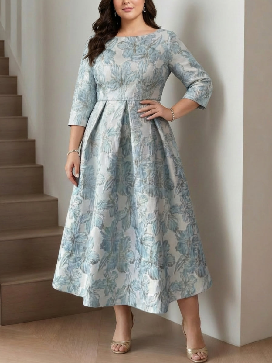Robe mère de la mariée taille plus ligne A, satin imprimé col rond, manches mi-longues, imprimé floral, longueur midi, ceinture