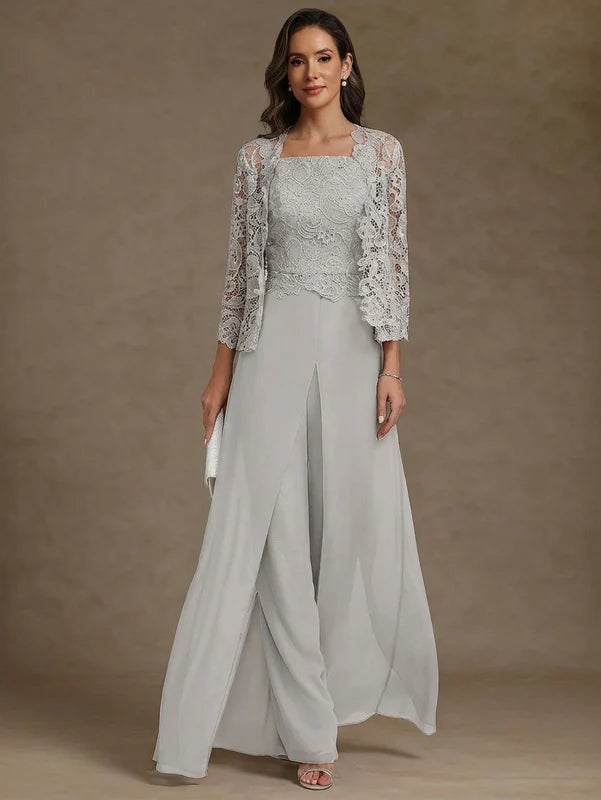 Robe Mère de la Mariée, Ligne A/Princesse, en Mousseline à Col Carré, avec Veste en Dentelle