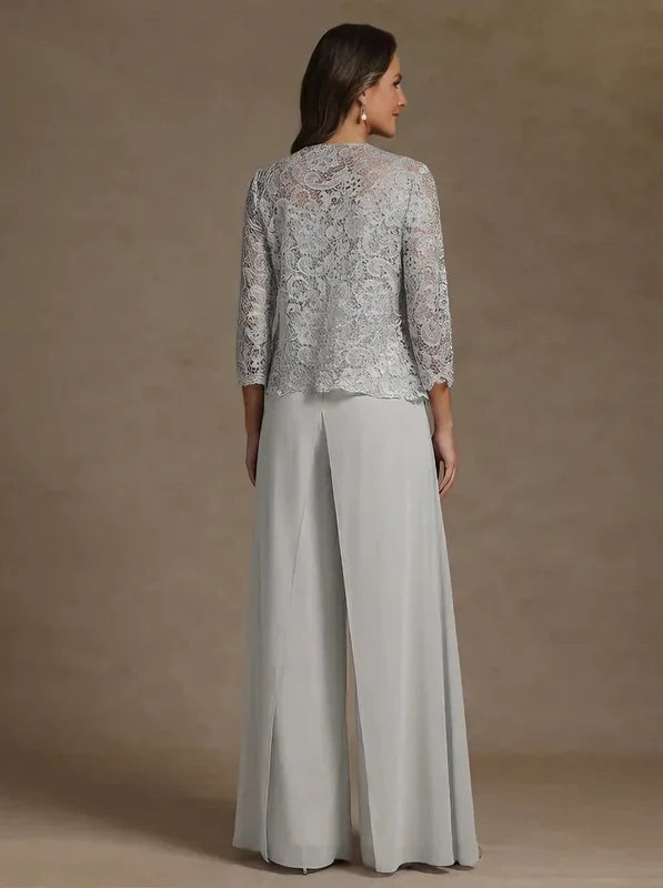 Robe Mère de la Mariée, Ligne A/Princesse, en Mousseline à Col Carré, avec Veste en Dentelle