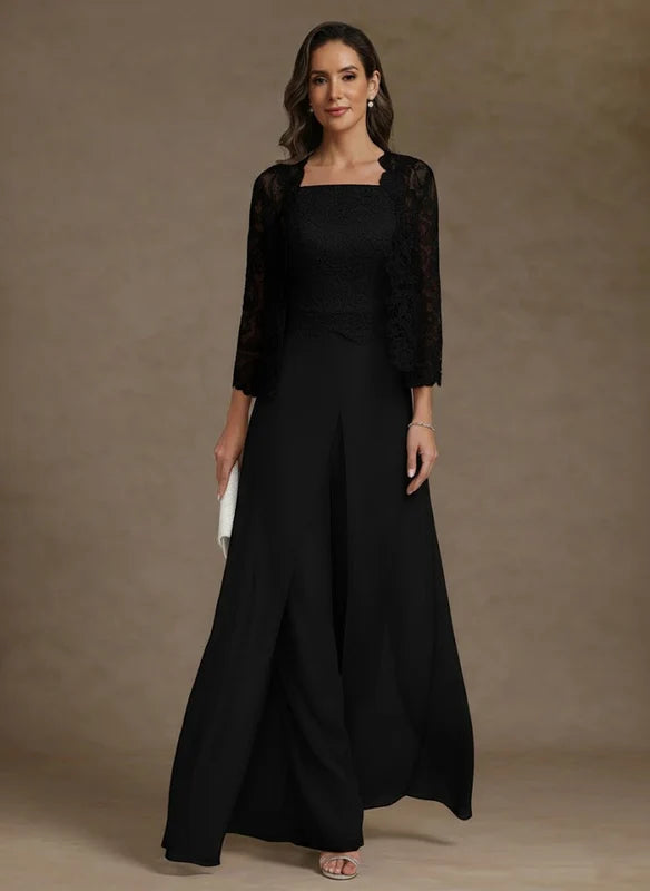 Robe Mère de la Mariée, Ligne A/Princesse, en Mousseline à Col Carré, avec Veste en Dentelle