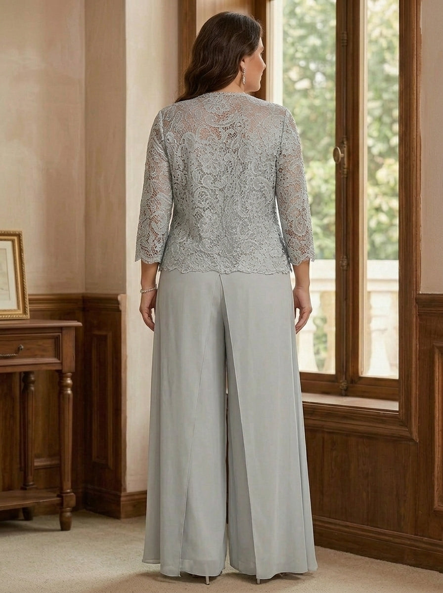 Robe mère de la mariée, Taille Plus, Ligne A/Princesse, Col Carré, Mousseline, Manches 3/4, Longueur de la Cheville, 3 Pièces