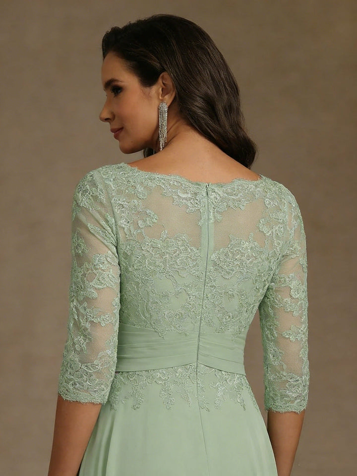 Robe mère de la mariée mousseline ligne A, col rond, manches 3/4, longueur cheville, dentelle et plissé