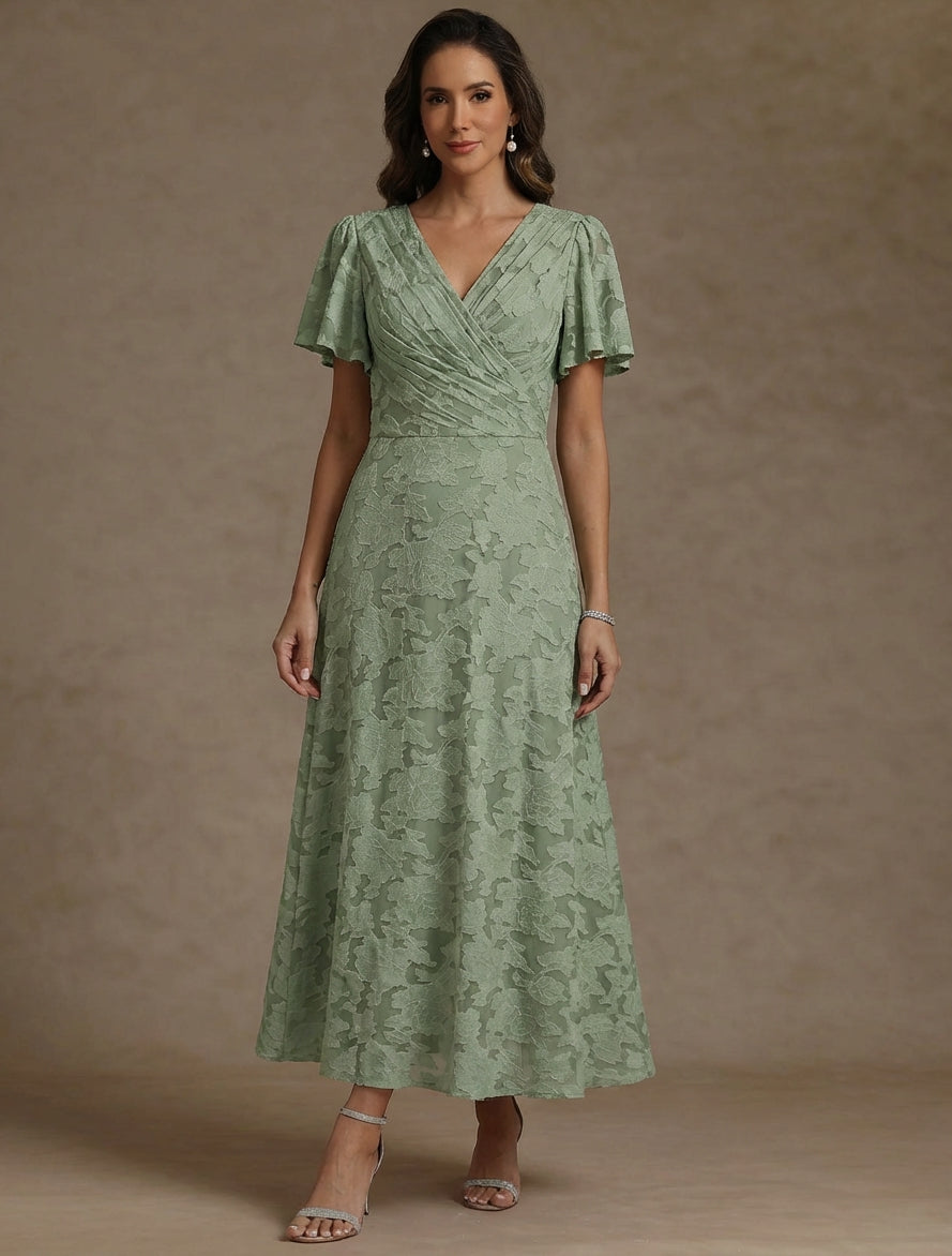 Robe mère de la mariée ligne A, col V, floral burnout, manches courtes, longueur cheville, drapé