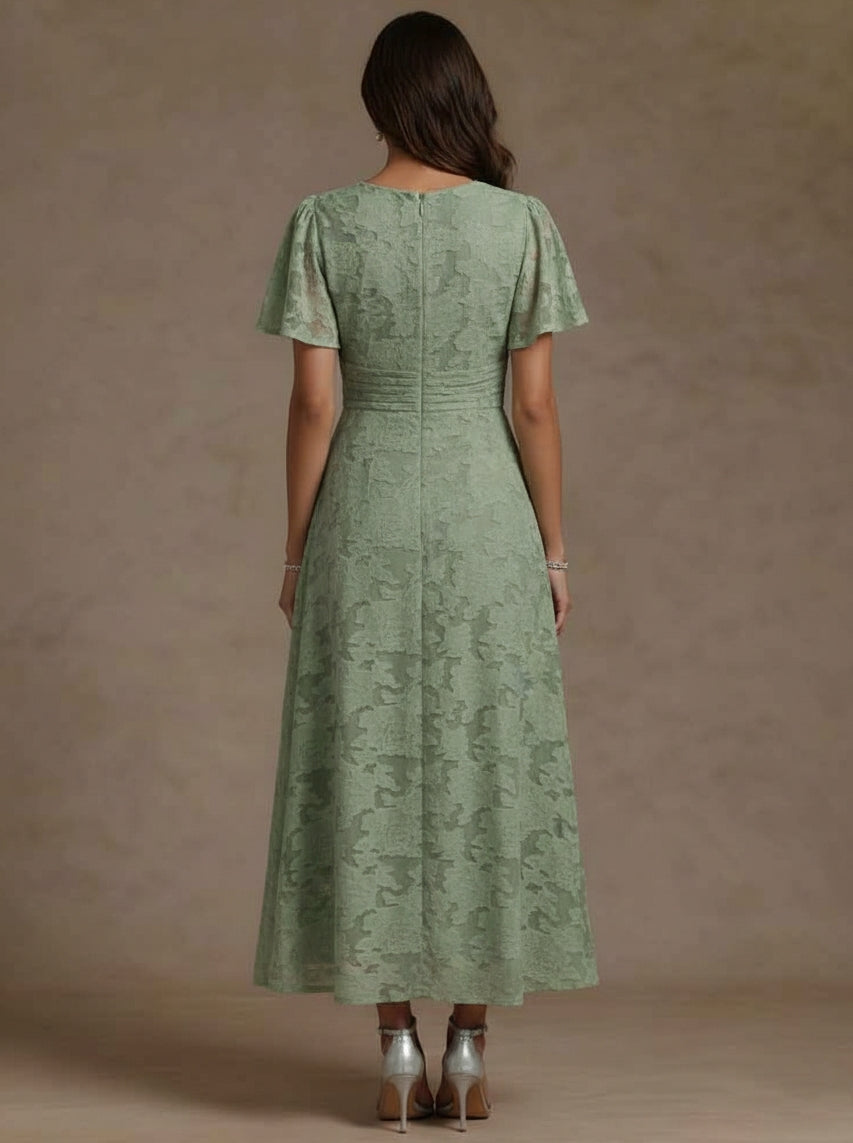 Robe mère de la mariée ligne A, col V, floral burnout, manches courtes, longueur cheville, drapé