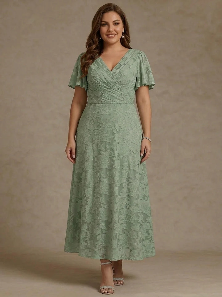 Robe Mère de la Mariée, Grande Taille, Ligne A/Princesse, Col en V, Manches Courtes, Longueur de la Cheville, Détourage Floral