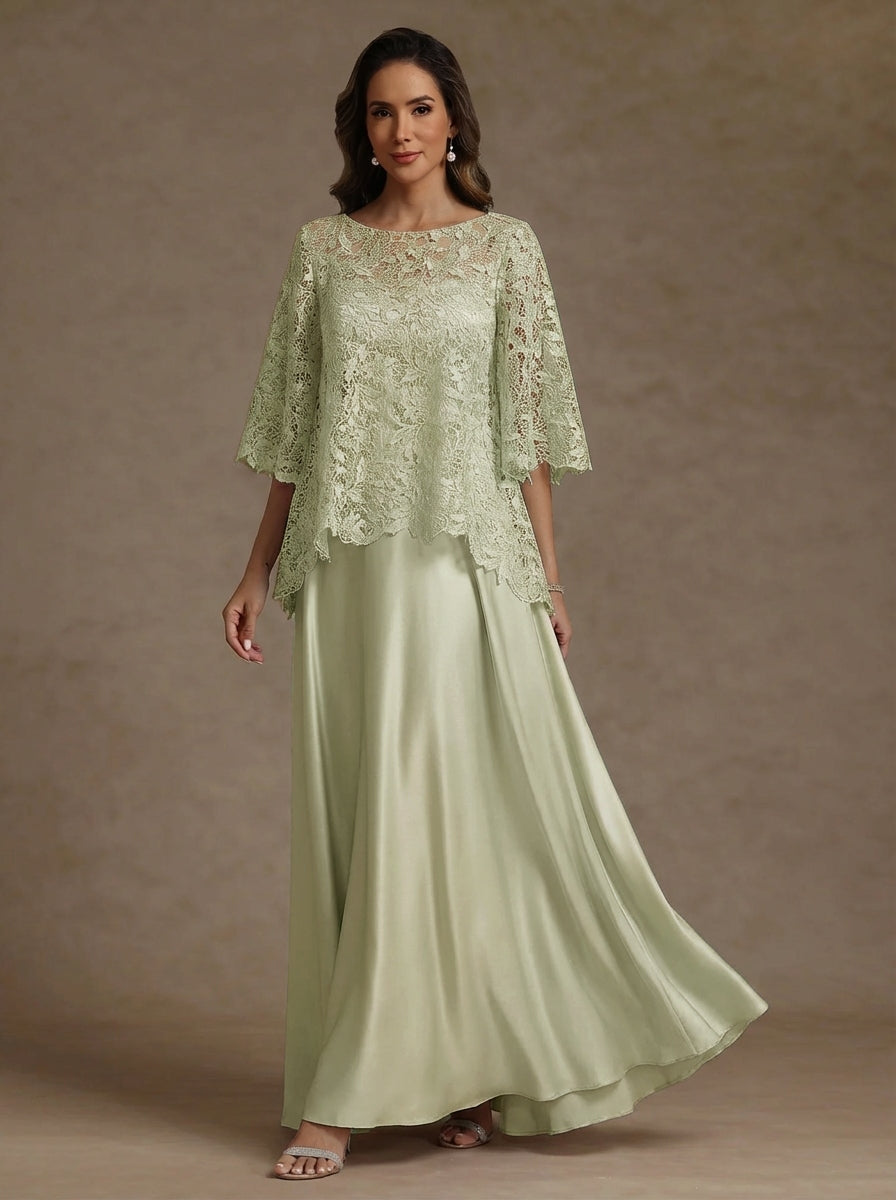 Ensemble 2 pièces mère de la mariée satin soie ligne A, col rond, manches courtes, longueur sol, dentelle