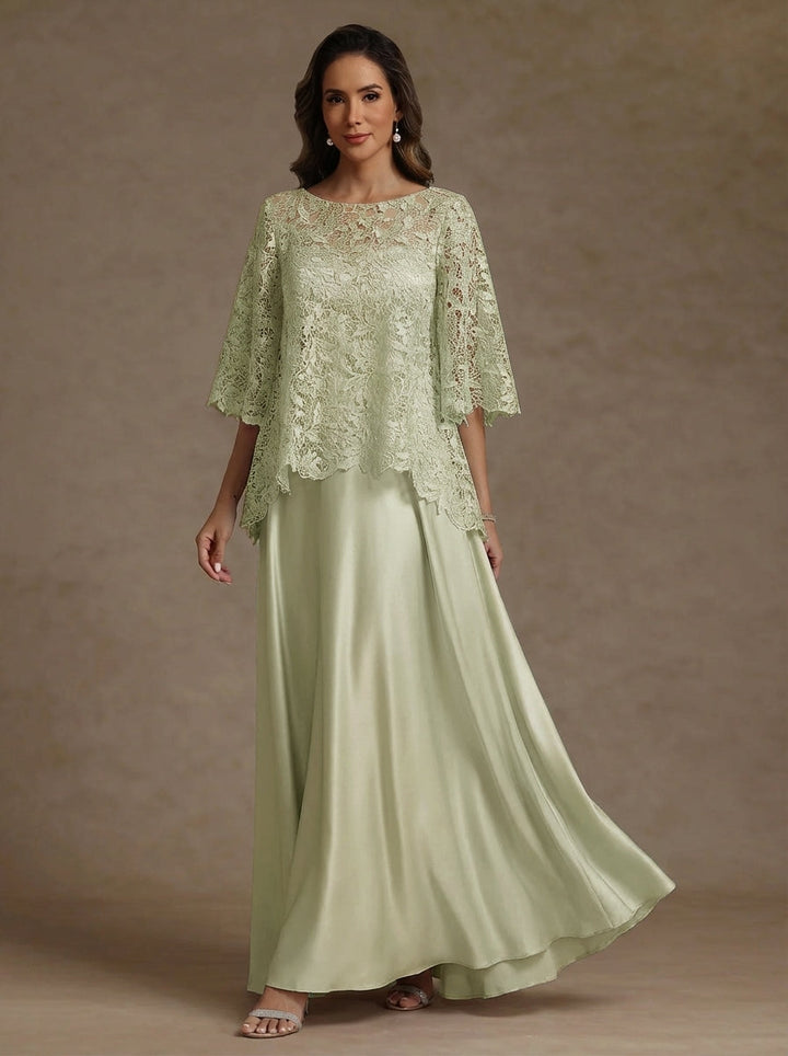 Ensemble 2 pièces mère de la mariée satin soie ligne A, col rond, manches courtes, longueur sol, dentelle