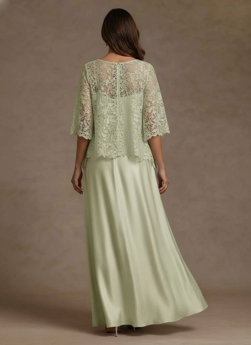 Ensemble 2 pièces mère de la mariée satin soie ligne A, col rond, manches courtes, longueur sol, dentelle