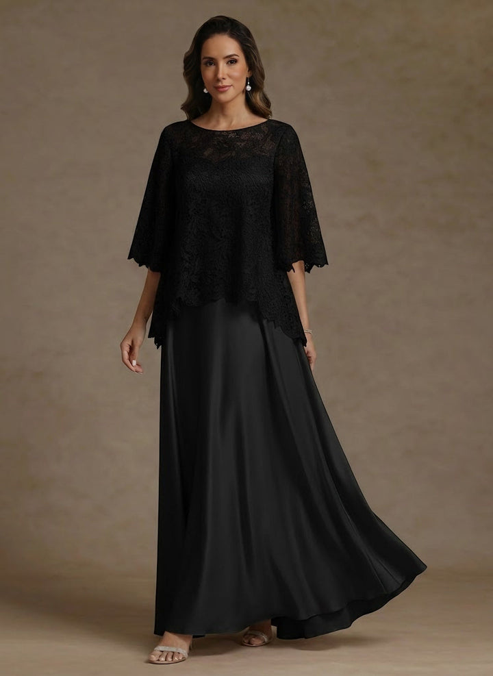 Ensemble 2 pièces mère de la mariée satin soie ligne A, col rond, manches courtes, longueur sol, dentelle