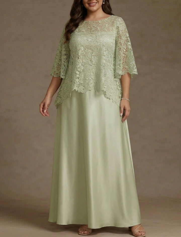 Robe mère de la mariée, Taille Plus, 2 Pièces, Ligne A/Princesse, Col Rond, Satin de Soie, Manches Courtes, Longueur au Sol, Dentelle