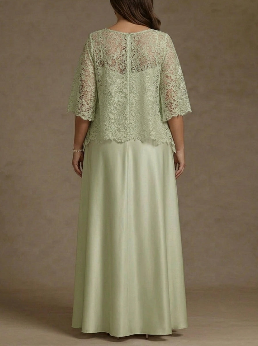 Robe mère de la mariée, Taille Plus, 2 Pièces, Ligne A/Princesse, Col Rond, Satin de Soie, Manches Courtes, Longueur au Sol, Dentelle