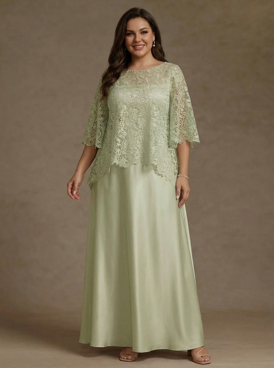 Robe mère de la mariée, Taille Plus, 2 Pièces, Ligne A/Princesse, Col Rond, Satin de Soie, Manches Courtes, Longueur au Sol, Dentelle