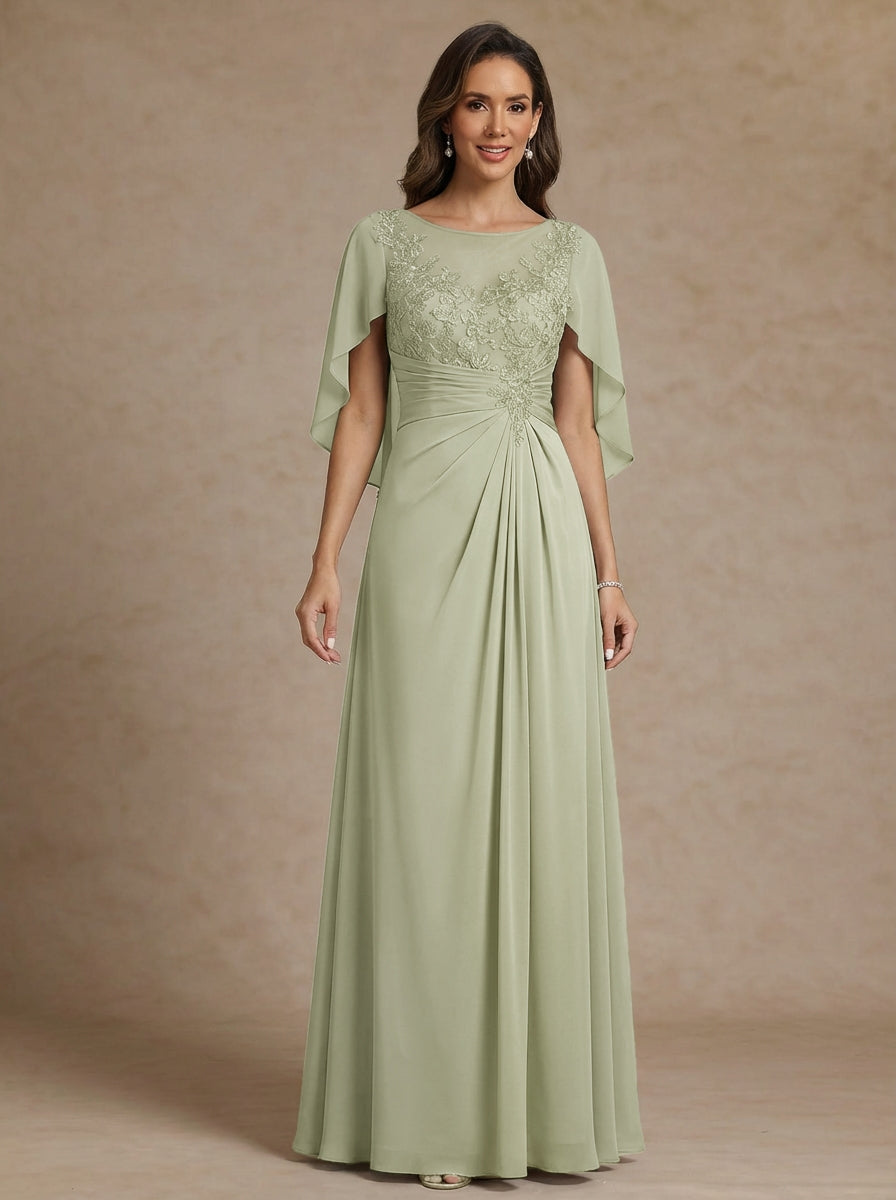 Robe mère de la mariée ligne A, mousseline col rond, dentelle, manches cape, longueur sol, drapé