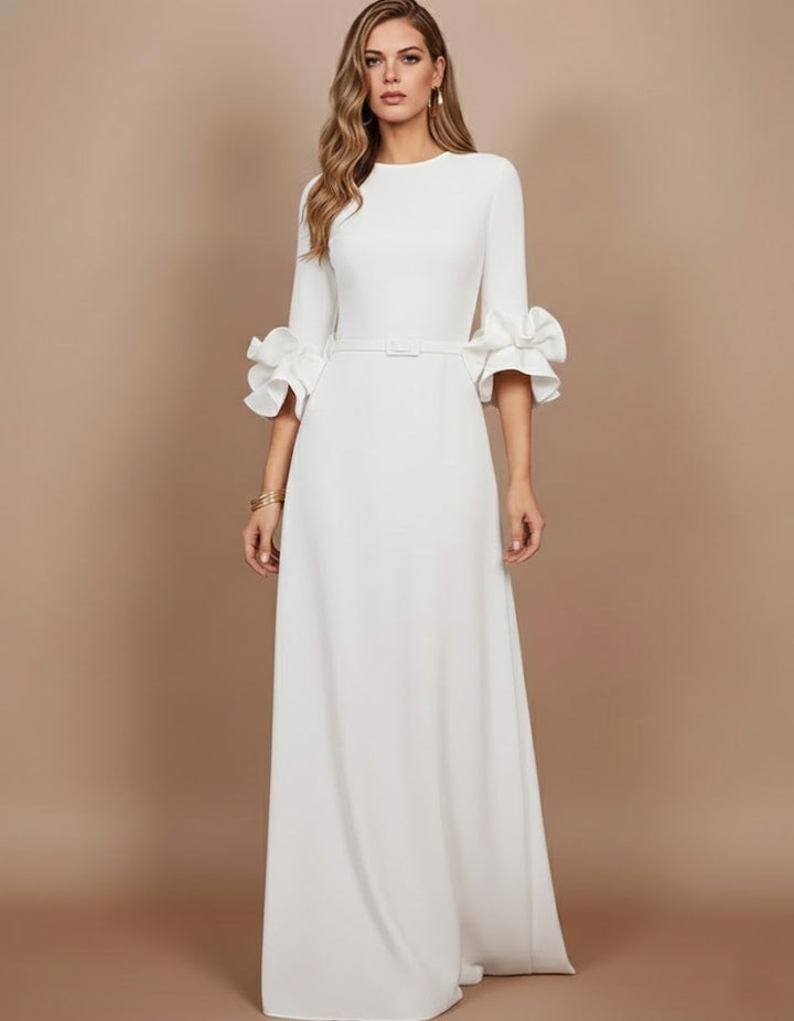 Robe mère de la mariée ligne A, satin stretch col rond, manches 3/4, longueur sol, volants
