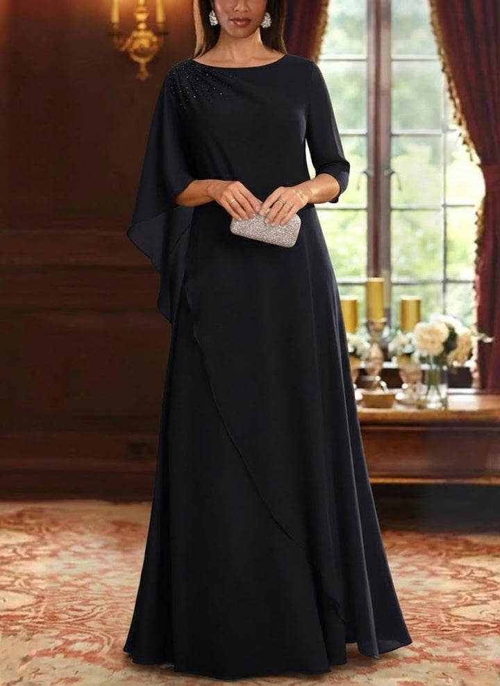 Robe mère de la mariée ligne A, mousseline col rond, manches mi-longues, longueur sol, perles