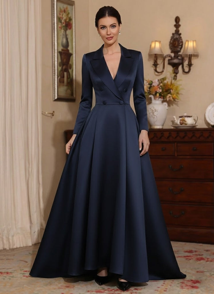 Robe mère de la mariée ligne A, satin col V, manches longues, longueur sol, plissé