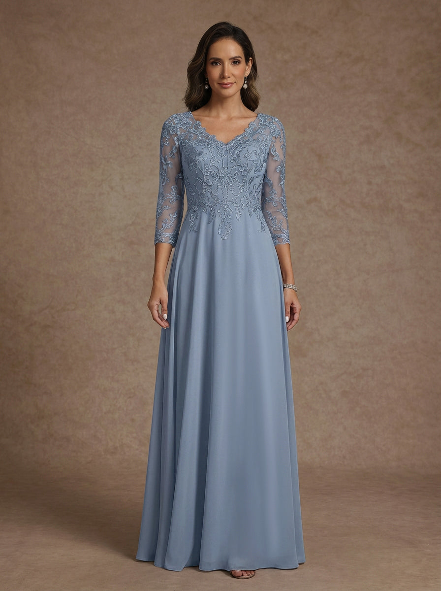 Robe mère de la mariée ligne A, mousseline col V, manches mi-longues, longueur sol, dentelle appliques