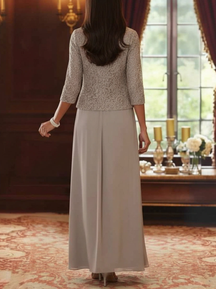 Ensemble 2 pièces mère de la mariée ligne A, mousseline col carré, veste dentelle, manches 3/4, longueur cheville