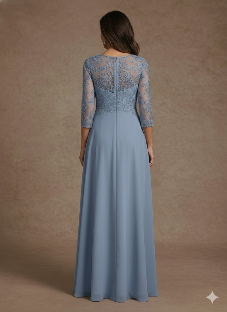 Robe mère de la mariée ligne A, mousseline col V, manches mi-longues, longueur sol, dentelle appliques