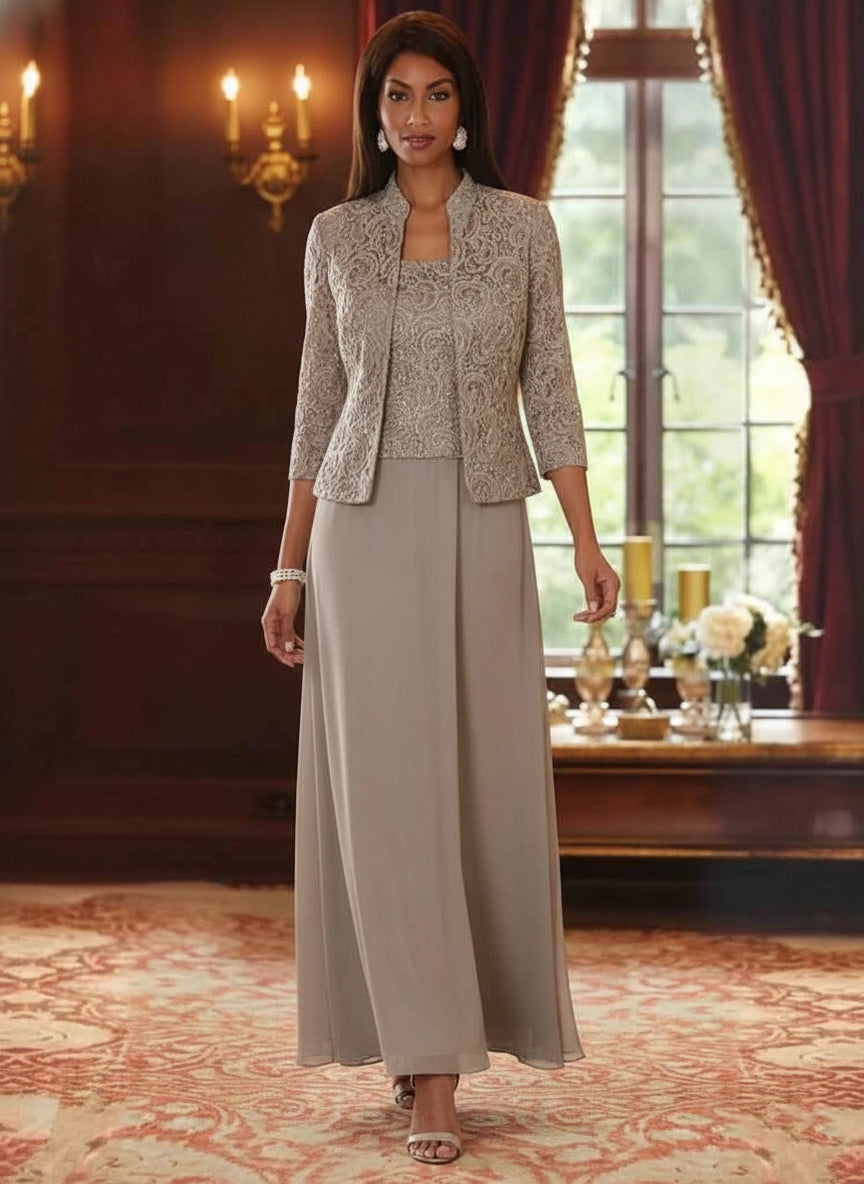 Ensemble 2 pièces mère de la mariée ligne A, mousseline col carré, veste dentelle, manches 3/4, longueur cheville