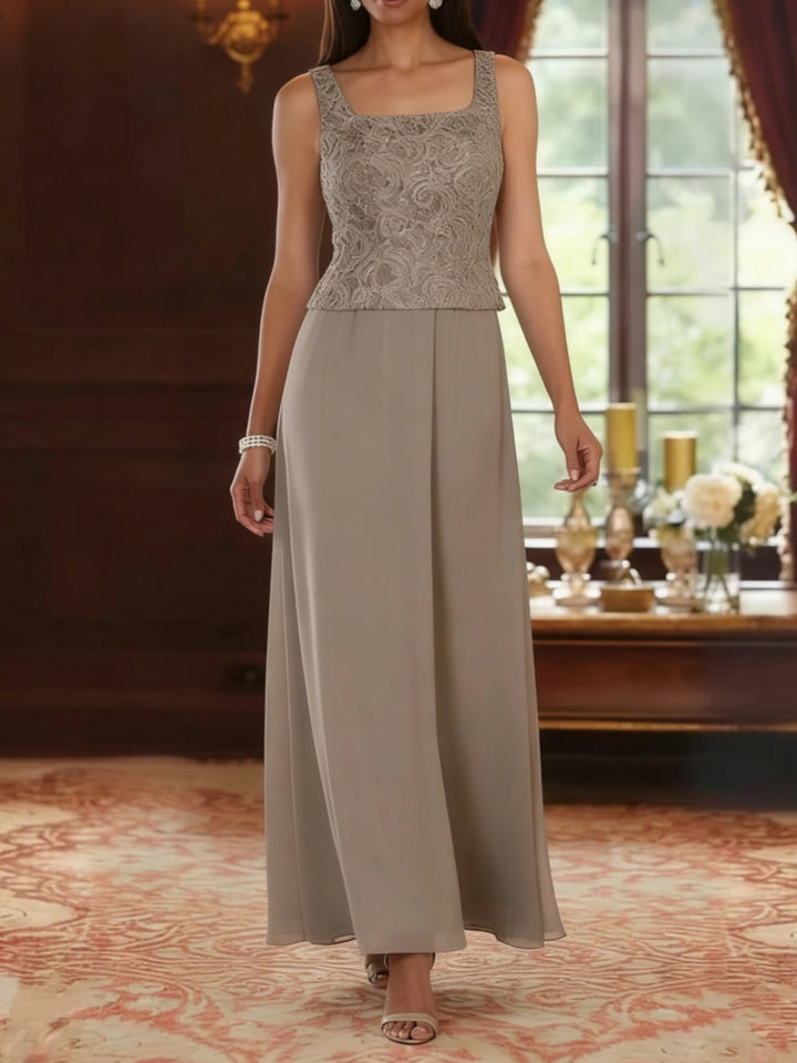 Ensemble 2 pièces mère de la mariée ligne A, mousseline col carré, veste dentelle, manches 3/4, longueur cheville