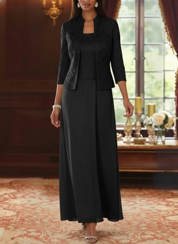 Ensemble 2 pièces mère de la mariée ligne A, mousseline col carré, veste dentelle, manches 3/4, longueur cheville