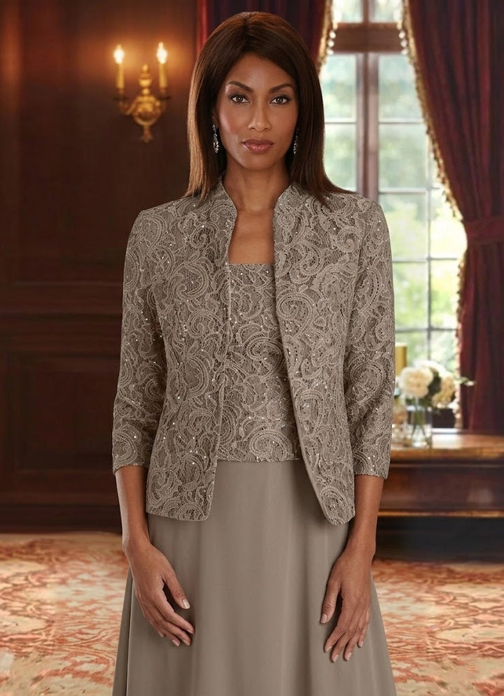 Ensemble 2 pièces mère de la mariée ligne A, mousseline col carré, veste dentelle, manches 3/4, longueur cheville